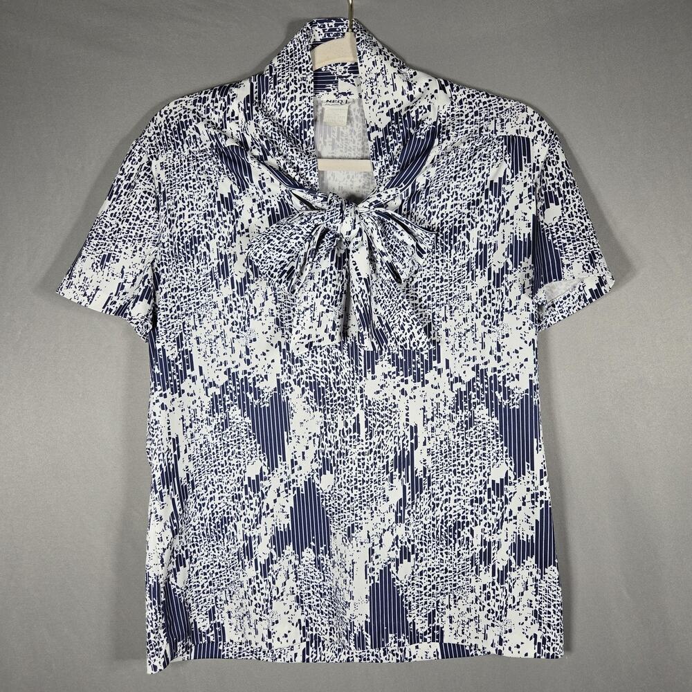 Vtg Ned J Atlanta Blouse Womens 12 Blue Geometric Bow Tie Neck Secretary Top